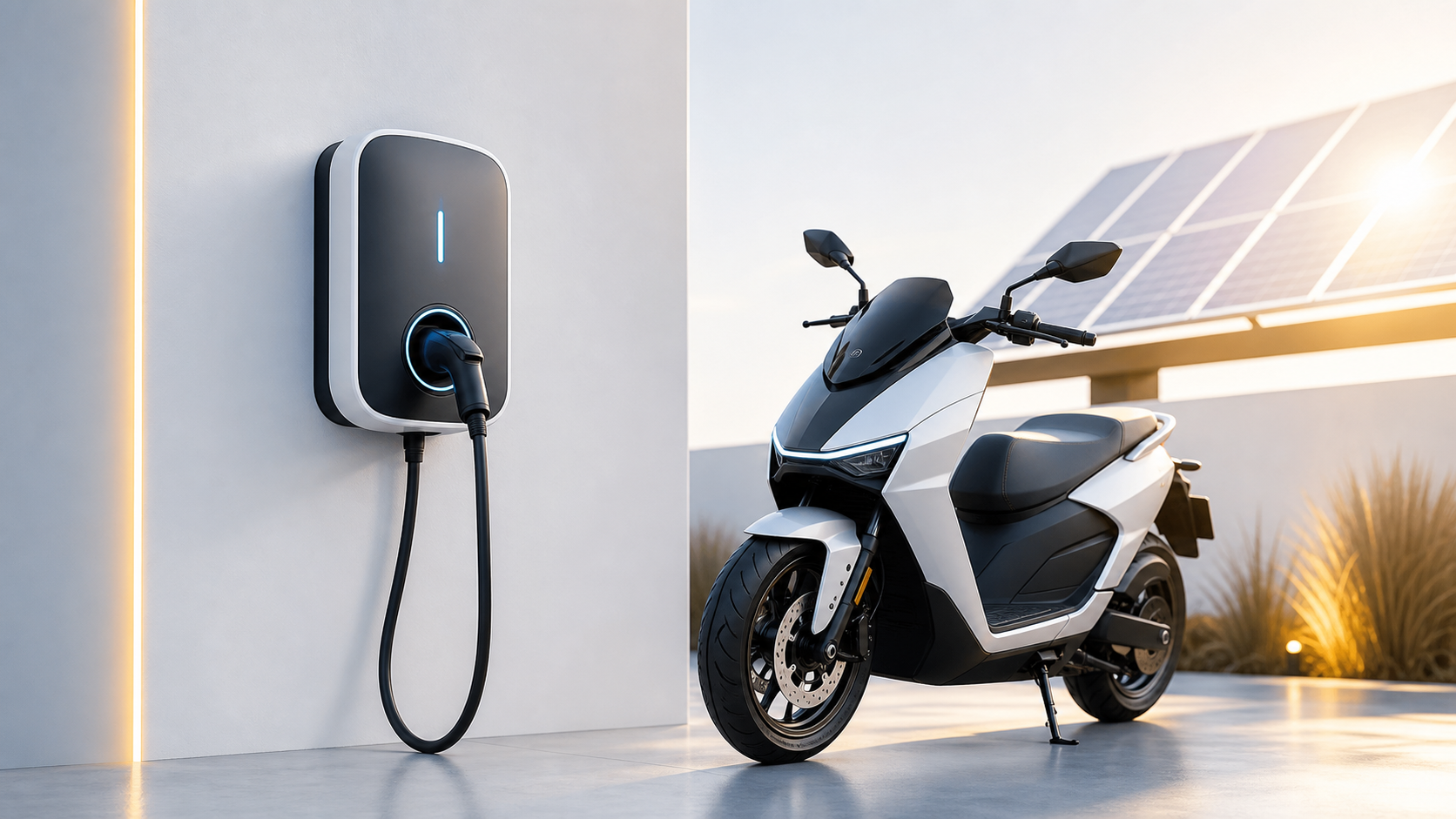 Scooter el&eacute;trica ao lado de carregador veicular
